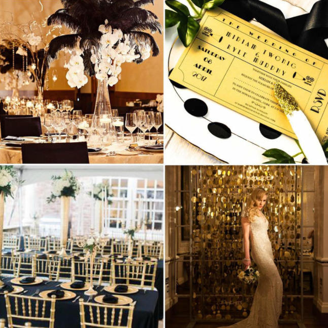 Ideas for Hollywood wedding, movie ticket invitations, Great Gatsby vibe decor, glamour bride, gold and navy-blue decor, black feather and white orchids arrangements on tables