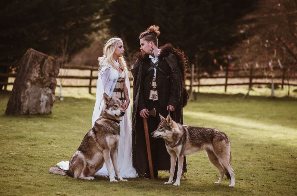 Wedding couple with wolves in viking costumes