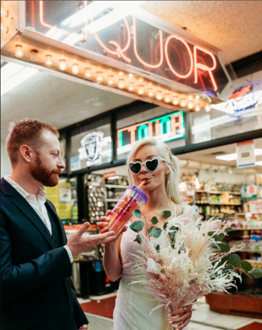 The Bride and The Groom, neon lights, sunglasses